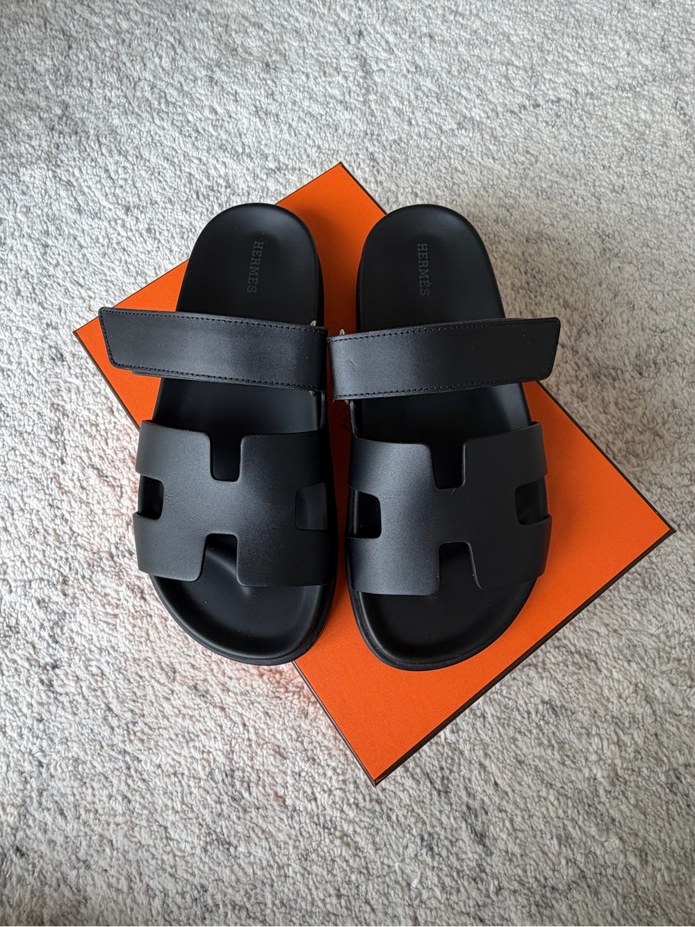 Hermes Black Leather Oran-Style Slide Sandals - Picture 1 of 9